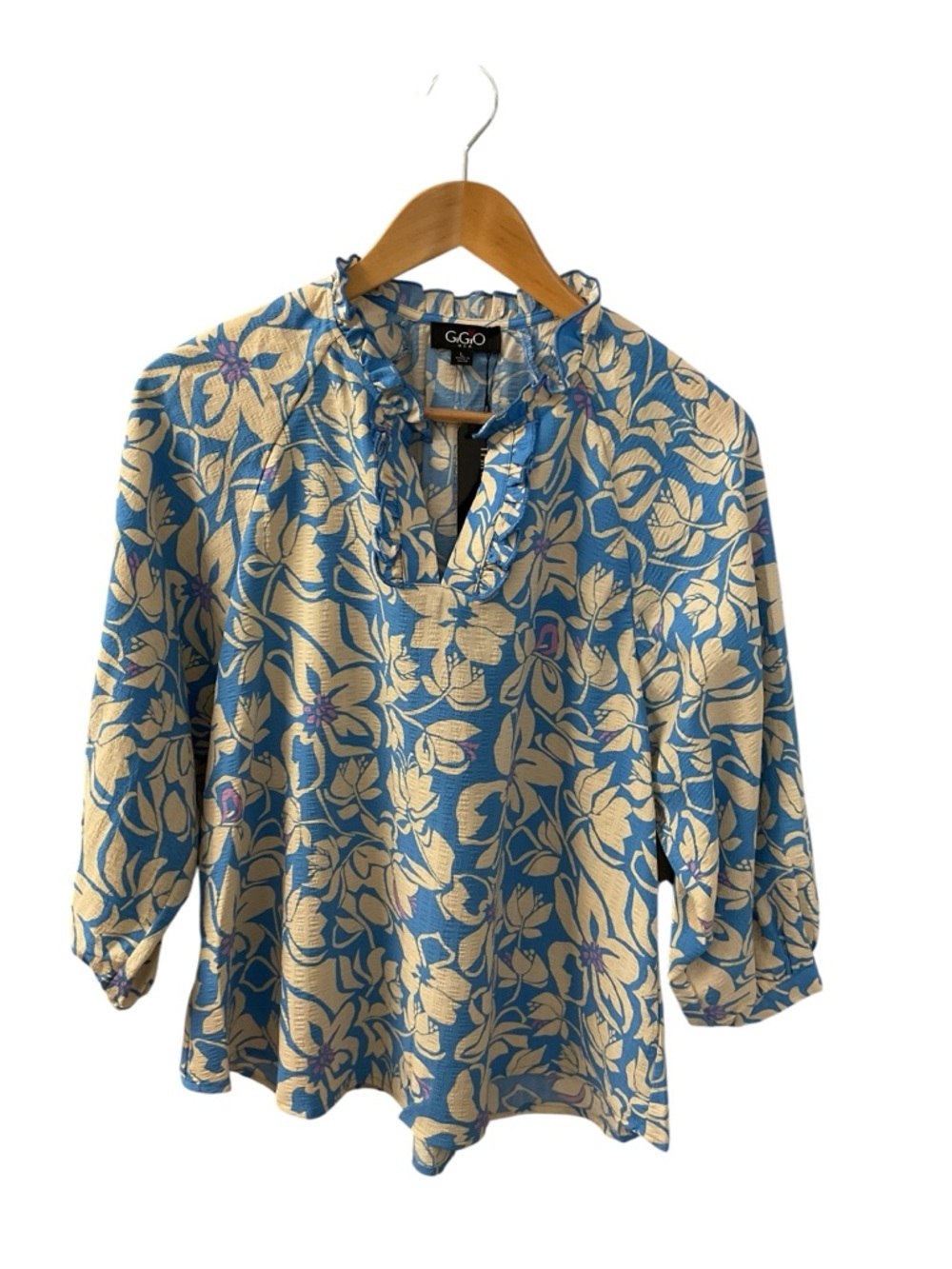 Floral Ruffle Neck Blue & Cream Women's Top